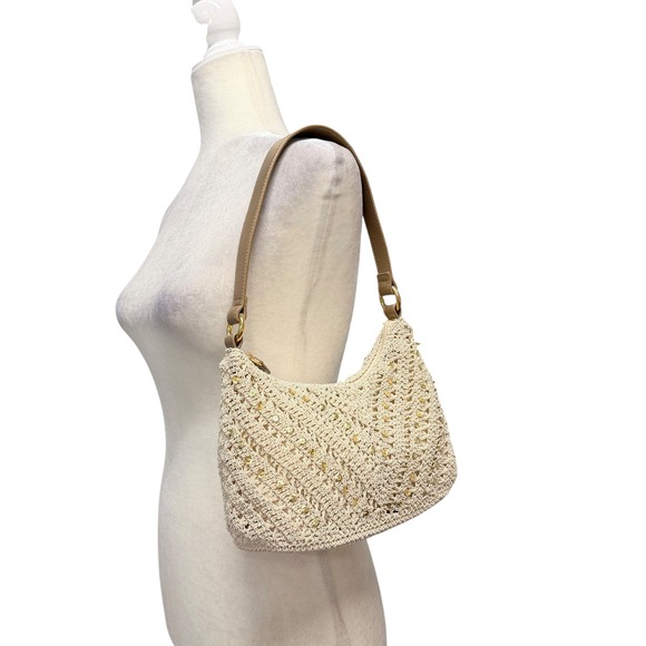 Vtg Y2K 90s Hobo Shoulder Bag Women S Cream Crochet Beaded Boho Summer Purse - Picture 3 of 12